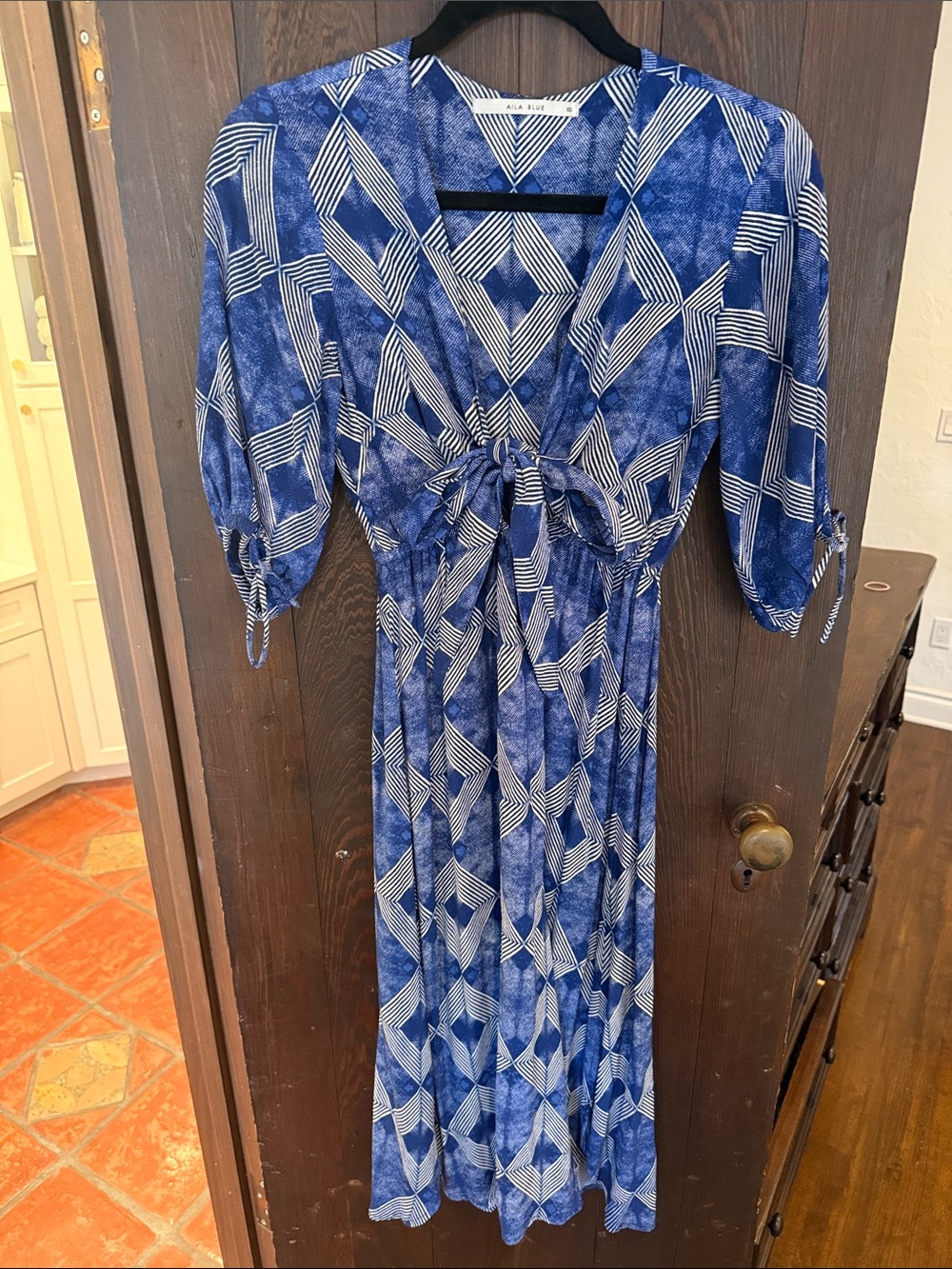 Alia Blue Geometric Print Maxi Dress with Tie-Front